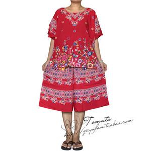 印尼进口纱笼batik大码女装夏季印花宽松纯棉短袖睡衣套装家居服7