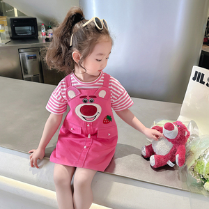 女小童草莓熊背带裙套装夏季幼儿园宝宝条纹短袖T恤牛仔裙两件套3