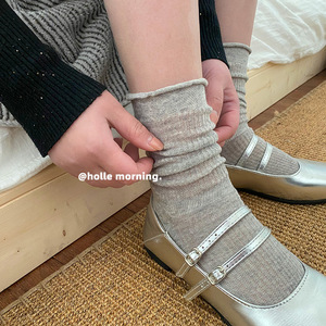 堆堆袜灰色韩式袜子女薄款夏季简约长袜法式花边miu风搭配小皮鞋