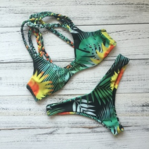 速卖通锦纶三角亚马逊热卖粽叶印花分体比基尼bikini泳装欧美泳衣