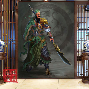 关公武财神背景墙纸关云长像中式壁画关羽供奉装饰画寺庙佛堂壁纸