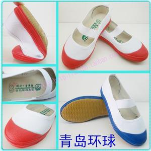 青岛环球男女童单鞋手绘/体操网球鞋舞蹈鞋红蓝白色全棉布鞋