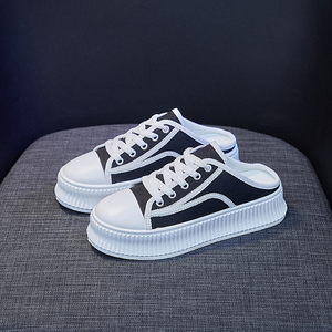 香港代购 同款supreme饼干鞋外穿包头小白鞋无后跟懒人帆布拖鞋女