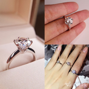 s925银镀18k金钻戒经典六爪皇冠女戒镶钻戒指女高碳钻时尚百搭
