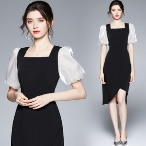伊佐拉女装2021新款气质性感修身黑色长裙短袖显瘦中长款连衣裙