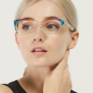 女款长方形猫眼眼镜架 TR90彩虹眼镜框 彩色果冻色宽粗腿近视眼镜