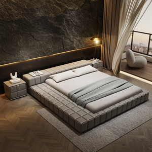 意式极简真皮床日式榻榻米床落地小户型软包床侘寂风主卧2米大床