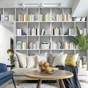 3d立体书架书柜电视背景墙纸沙发墙布壁纸大型无缝壁画书房墙纸