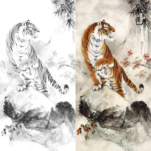 002人付款淘宝高清风景工笔画山水白描底稿大横幅鸿运当头用作临摹