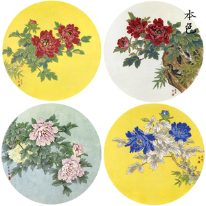 团扇国画小品牡丹花底稿工笔画牡丹花白描底稿圆形花鸟线描勾线稿