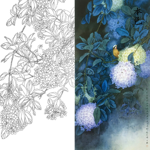 工笔国画四尺画稿花鸟绣球花白描底稿临摹勾线透稿初学者上色画谱