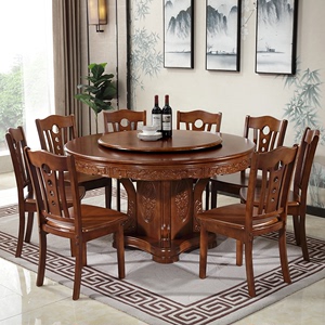 新中式实木餐桌圆桌转盘家用吃饭桌子10人12人圆形酒店餐桌椅组合