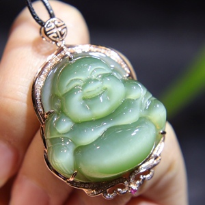 天然和田玉碧玉粉青猫眼佛公18k金镶嵌伴钻俄罗斯老料笑佛玉吊坠