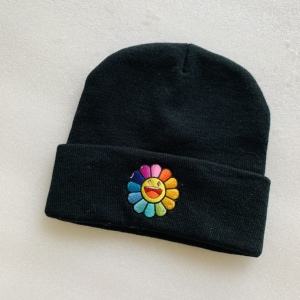 现货村上隆 j balvin笑脸太阳花刺绣毛线帽冷帽平沿帽邓紫棋同款