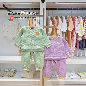 韩国23年春款男女宝宝童装紫色绿色圆领长袖空气棉卫衣卫裤套装
