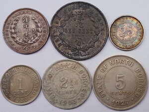 英属北婆罗洲1891-1929-1938年洋元半分,一分,25分银币6枚套币
