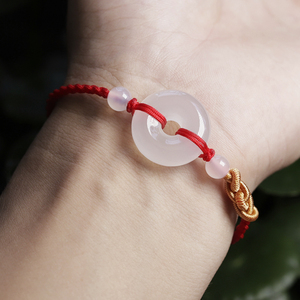 天然玉髓平安扣手链简约情侣红绳手串编织男女玛瑙水晶转运礼物
