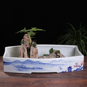 景德镇手绘青花山水陶瓷假山盆大号长方形盆景家用室内花盆多肉盆