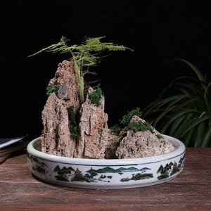 景德镇陶瓷青花山水椭圆形假山盆水仙盘石头盆景底盘盆栽景观托盘
