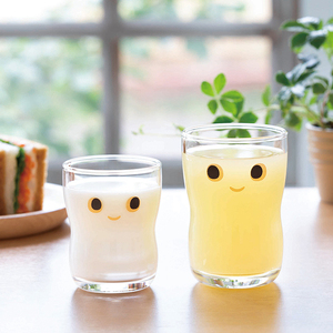 aderia日本进口石塚硝子玻璃杯宝宝卡通笑脸杯儿童早餐牛奶果汁杯