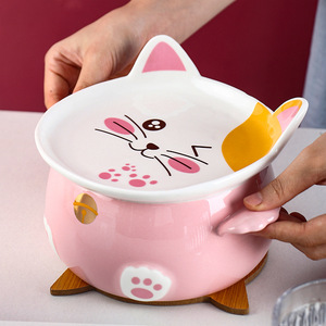 泡面碗大容量超大带盖陶瓷学生宿舍可爱猫咪饭盒微波炉双耳大号女