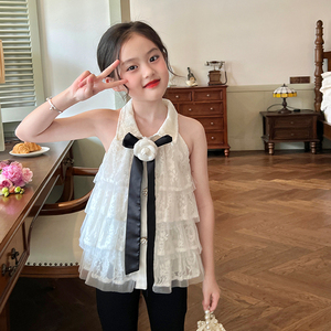 栀了成长记童装女童韩版挂脖上衣夏季新款儿童白色宝宝蕾丝娃娃衫