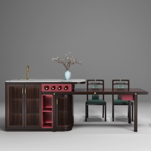 新中式长方形原木黑檀木岛台餐桌泡茶一体多功能实木餐桌别墅