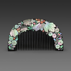 vintage和风日本古董首饰古董梳簪黑漆花叶纹嵌螺钿梳莳绘梳天然