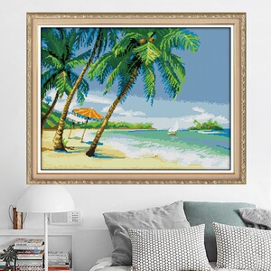 自己绣海边风景十字绣椰子树钻石画新款客厅南海风光海景线绣小格