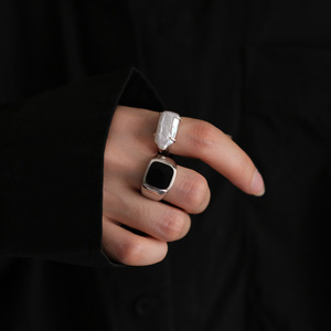 欧美时尚S925银黑色滴釉戒指女复古重工几何夸张开口指环食指戒潮