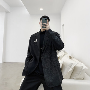 西装外套男士暗黑系秋季新款龙纹暗花拼接西服个性发型师上衣潮流