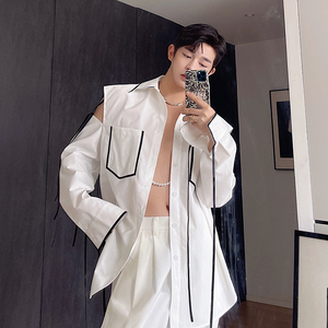 春季新款ins韩版设计感小众廓形飘带气质露肩长袖衬衫男高级感潮