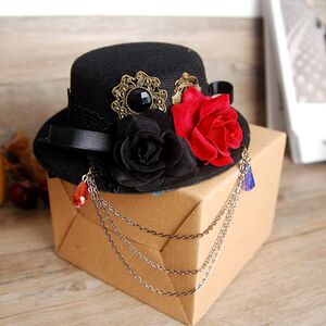 洛丽塔 黑色复古小礼帽玫瑰装饰.蕾丝垂饰 lolita小礼帽 贵妇帽