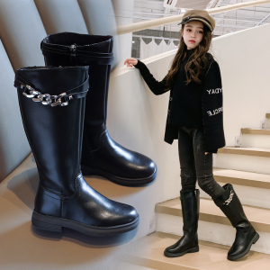 女童长筒靴单靴2019秋季新款小女孩黑色高筒靴儿童公主长靴中大童