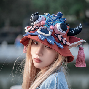 芽小七原创牛头国潮夏季手工渔夫帽男女情侣款大帽檐遮阳防晒帽子