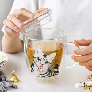 美短猫爪杯子手工吹制玻璃杯可爱猫咪图案牛奶杯水杯双层带盖把手
