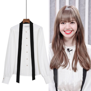 lisa明星同款白色百褶衬衫甜美淑女设计感长袖上衣2022夏新款打底