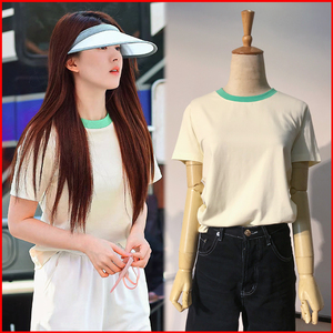 赵露思明星同款撞色拼接短袖t恤女2022夏夏新款学生圆领ins潮上衣