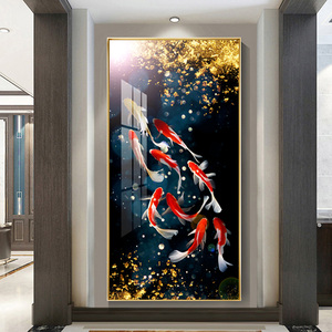 玄关装饰画入户招财九鱼图挂画红色年年有鱼走廊过道镶钻落地壁画