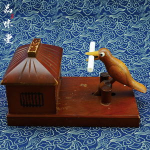 早期日本匠人手工制作实木小鸟鲁班烟具烟盒自动出烟设计独特收藏