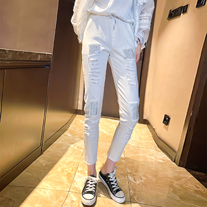 白色破洞牛仔裤女夏季薄款九分裤高腰显瘦弹力小脚裤欧货铅笔裤子