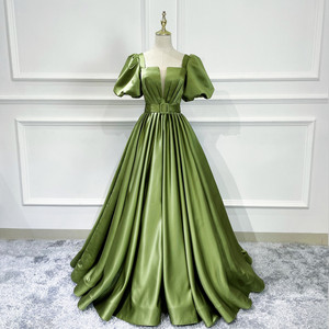 复古显瘦泡泡袖新娘敬酒服独唱演出缎面宴会主持长款蓬蓬裙晚礼服