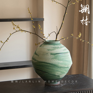 新中式星球罐绿色陶瓷侘寂风复古艺术粗陶花盆插干花简约民宿居家