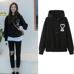 明星沈梦辰同款ami爱心刺绣连帽卫衣女加绒2021秋冬宽松情侣上衣