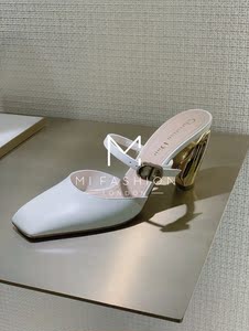 mi fashion dior迪奥女士白色方头皮革金属跟中跟穆勒鞋 凉鞋