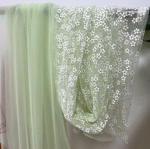 柔软杏色香槟白绿色梅花朵烫金透明网纱布料连衣裙礼服面料布料