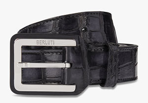 原装伯尔鲁帝berluti男士鳄鱼皮腰带30mm黑灰色黄铜针扣镀钯饰面