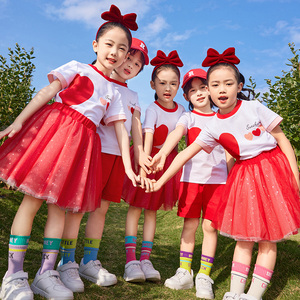 女童红色蓬蓬裙六一儿童纱裙表演服夏季套装小学生幼儿园毕业礼服