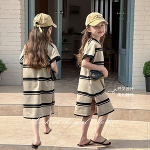 儿童韩版宽松条纹裙款女童中长款开叉短袖连衣裙
