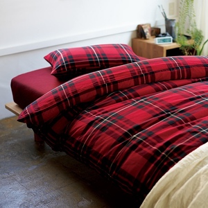 日本MUJI纯棉床上四件套全棉格子被套床罩法兰绒柔软简约1.5米床